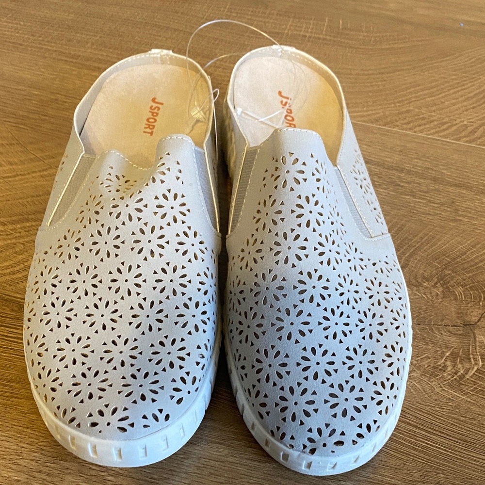 Light Gray Laser-Cut Slip-On Mules